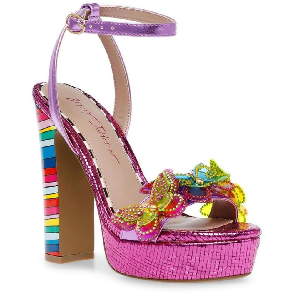 BETSEY JOHNSON -  NOEMI OPEN TOE BLOCK HEEL ANKLE STRAP - BUTTERFLY RAINBOW NWT - Picture 2 of 2